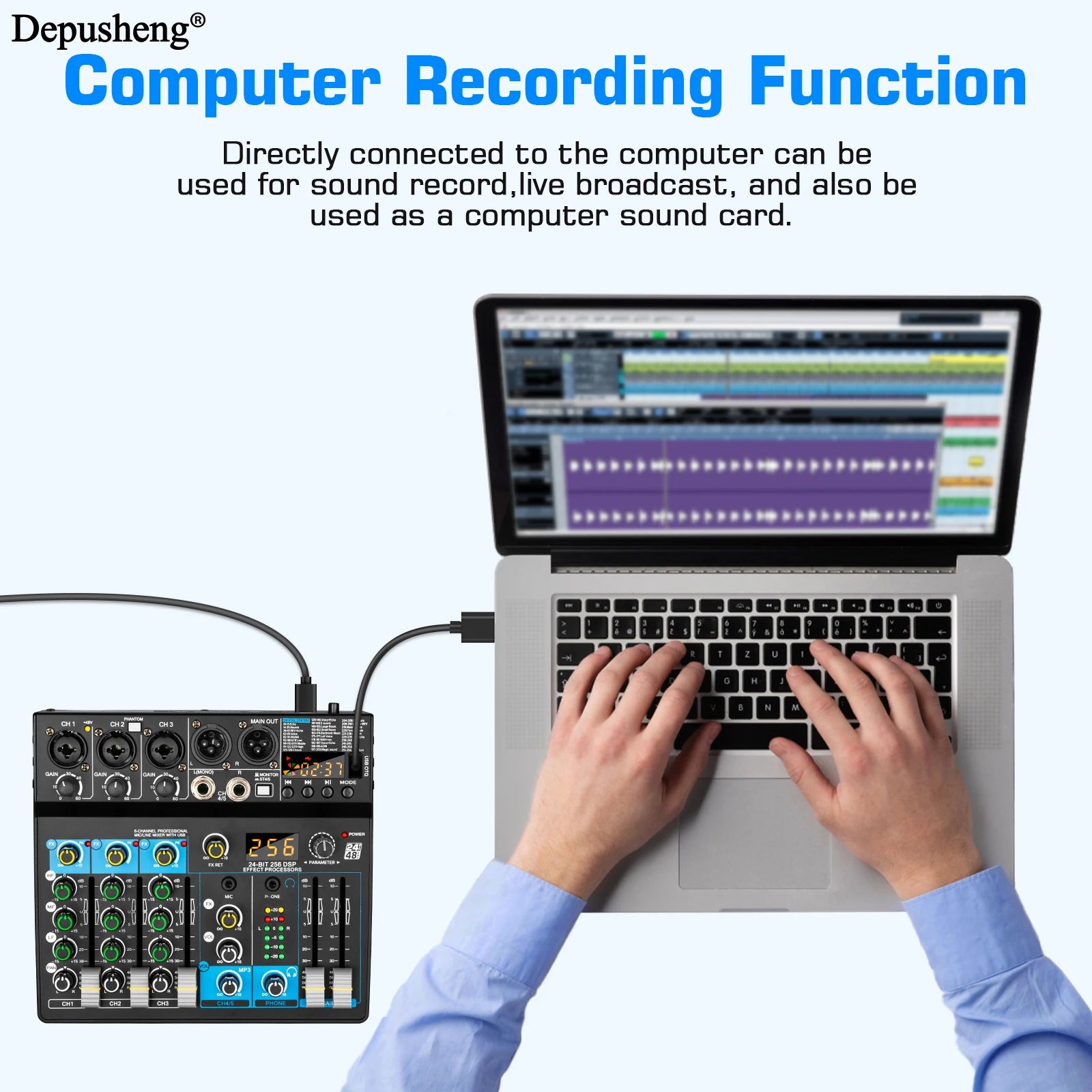 USB Mixer 5 Channel Depusheng DJ Sound Controller Mini Mixer Professional Audio Portable Sound Mixing Console with 256 DSP
