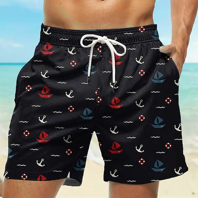 Men's Boat Printed Surfing Short Pants Travel Holiday Beach Shorts Outdoor Activities Quick Drying Breathable Male Swimming Wear