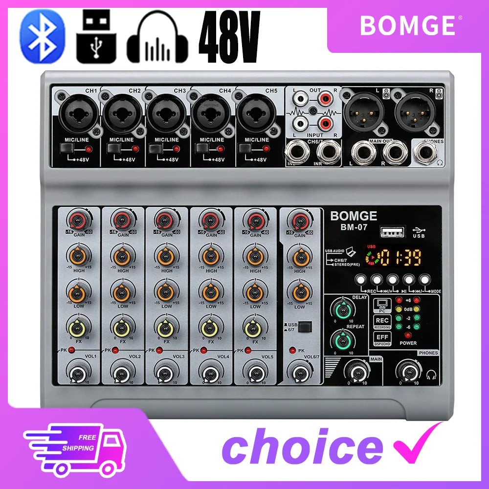 Professional 7 channels Audio mixer portableDJ karaoke Mixing Console With USB Interface Sound Card BT 48V PC MP3 DJ Recording