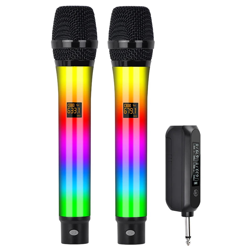Professional 2 Channel RGB Lights Dual Handheld Dynamic Wireless Microphone DJ System Mic For Singing Wedding DJ Party Speech