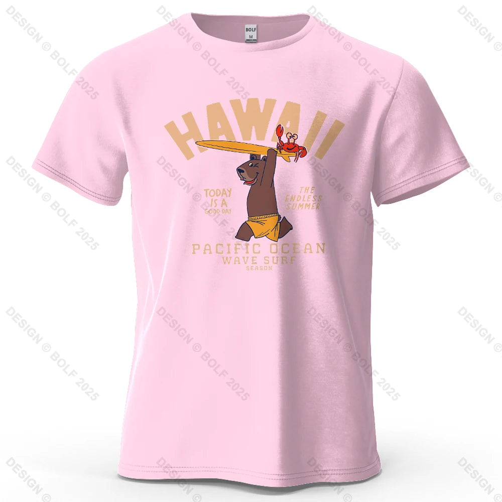 Bear with Surfboard and Crab Printed Men's T-Shirt 100% Cotton Oversized Surfing Funny Tees for Women Tops Tees Streetwear