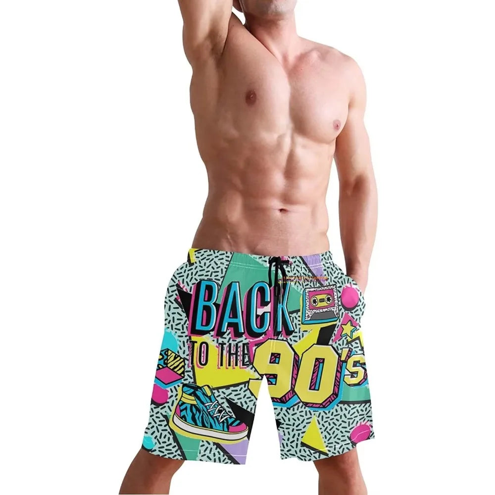 Funny Retro 80s 90s Icons Mens Swim Trunks Quick Dry Beach Board Shorts Summer Surf Boardshorts with Side Pockets High Quality
