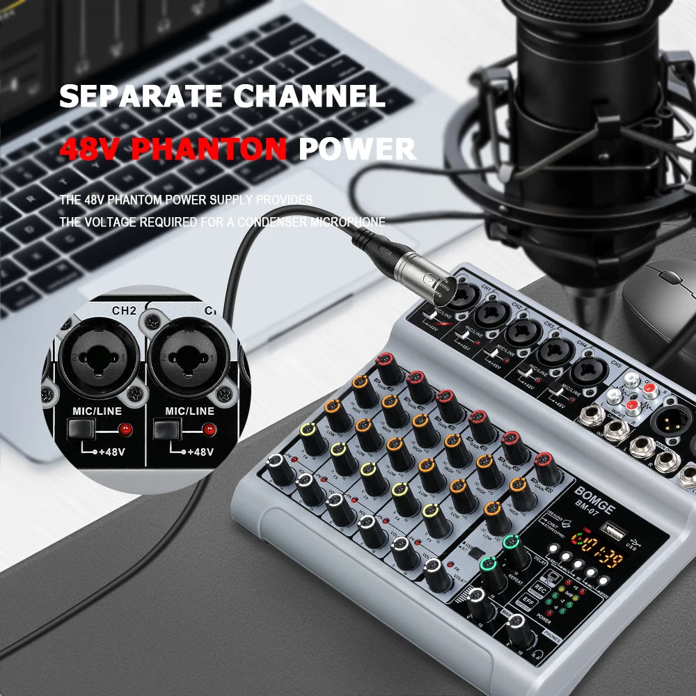 Professional 7 channels Audio mixer portableDJ karaoke Mixing Console With USB Interface Sound Card BT 48V PC MP3 DJ Recording
