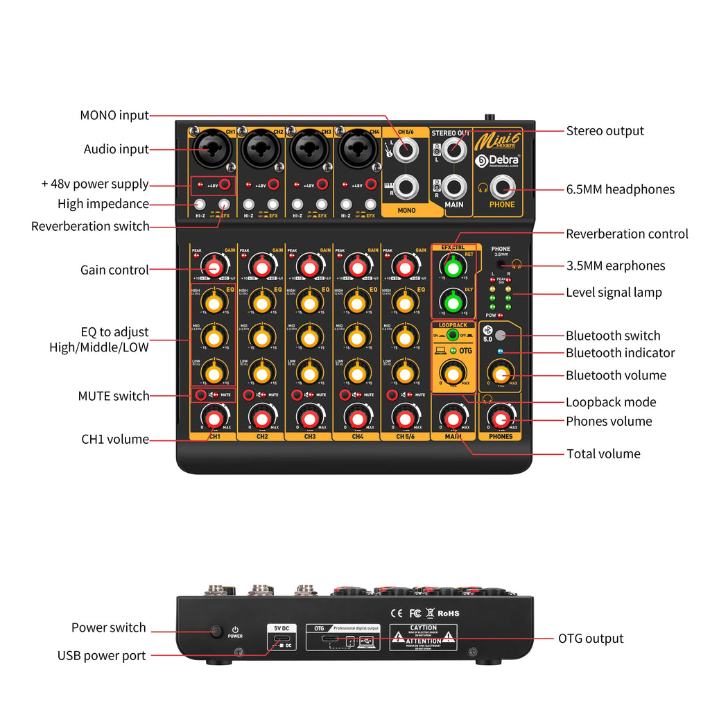 Debra Mini6 Audio Mixer DJ Console Bluetooth 5.0 OTG Reverb 48V Sound Card For Live Broadcast PC Recording
