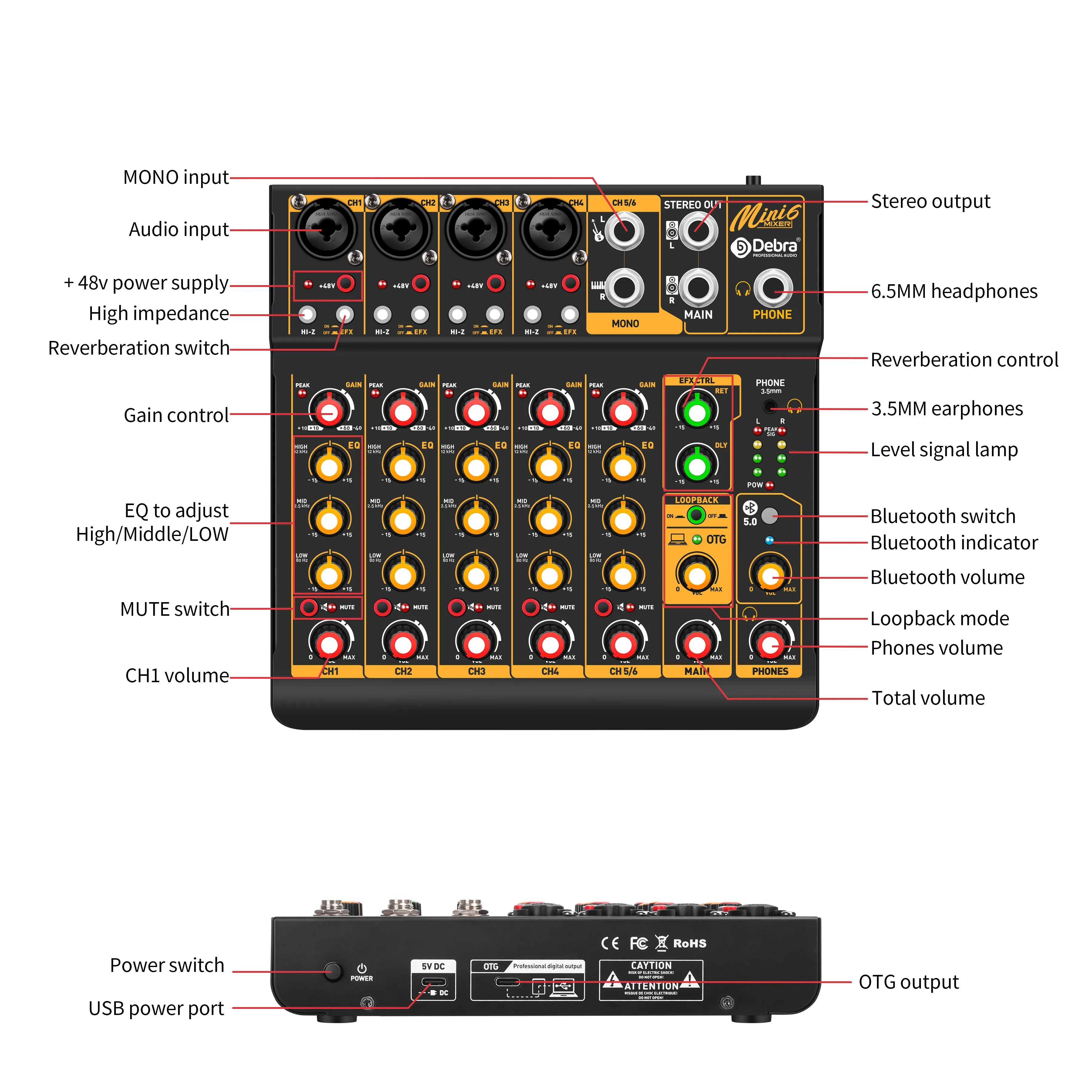 Debra Mini6 Audio Mixer DJ Console Bluetooth 5.0 OTG Reverb 48V Sound Card For Live Broadcast PC Recording