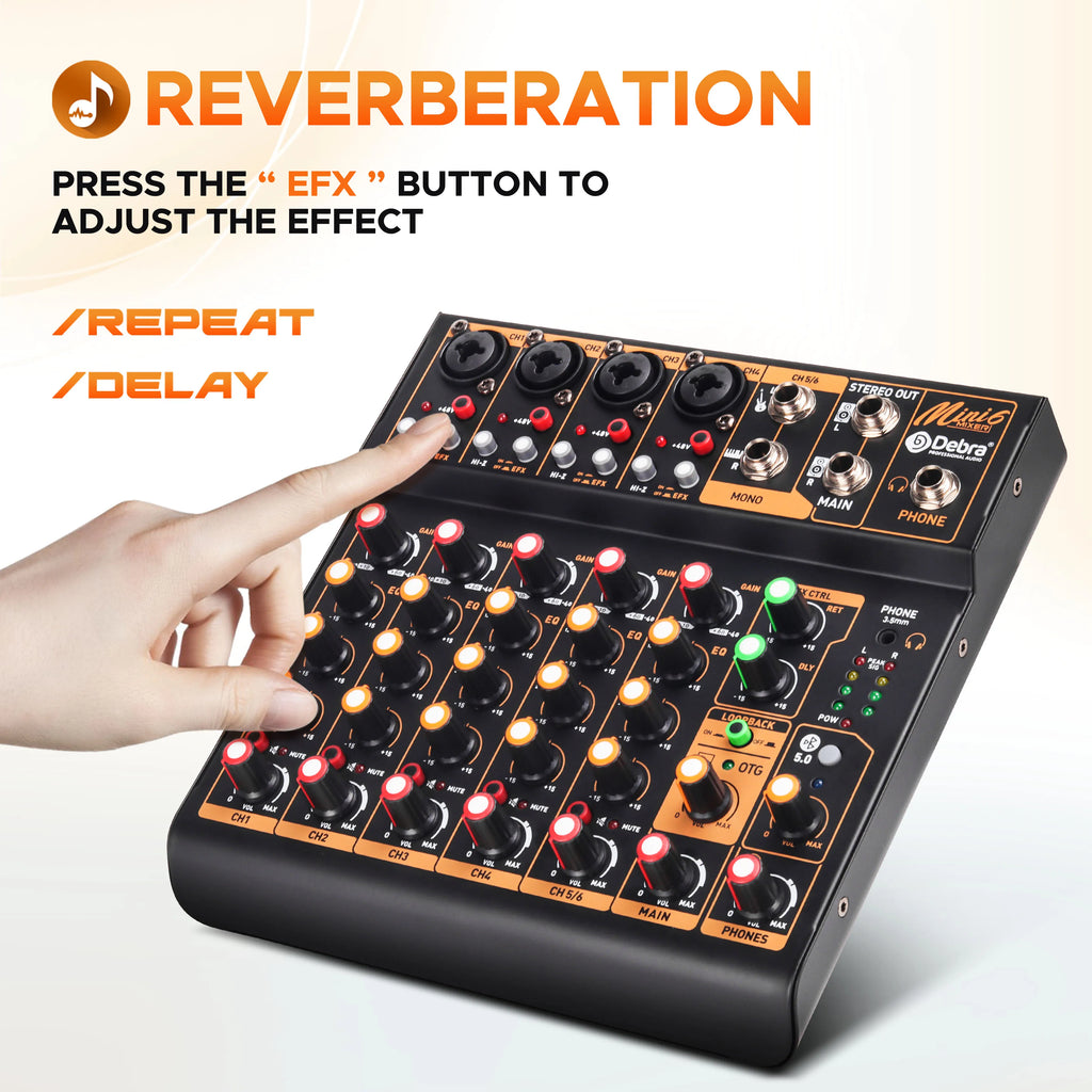Debra Mini6 Audio Mixer DJ Console Bluetooth 5.0 OTG Reverb 48V Sound Card For Live Broadcast PC Recording