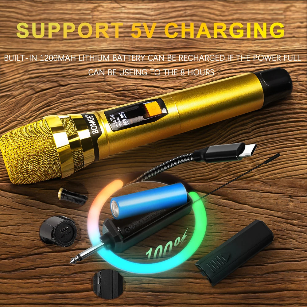 Professional 2 Channel DJ Karaoke Wireless Microphone System With Bright golden mic Wireless Rechargeable Receiver for Party DJ