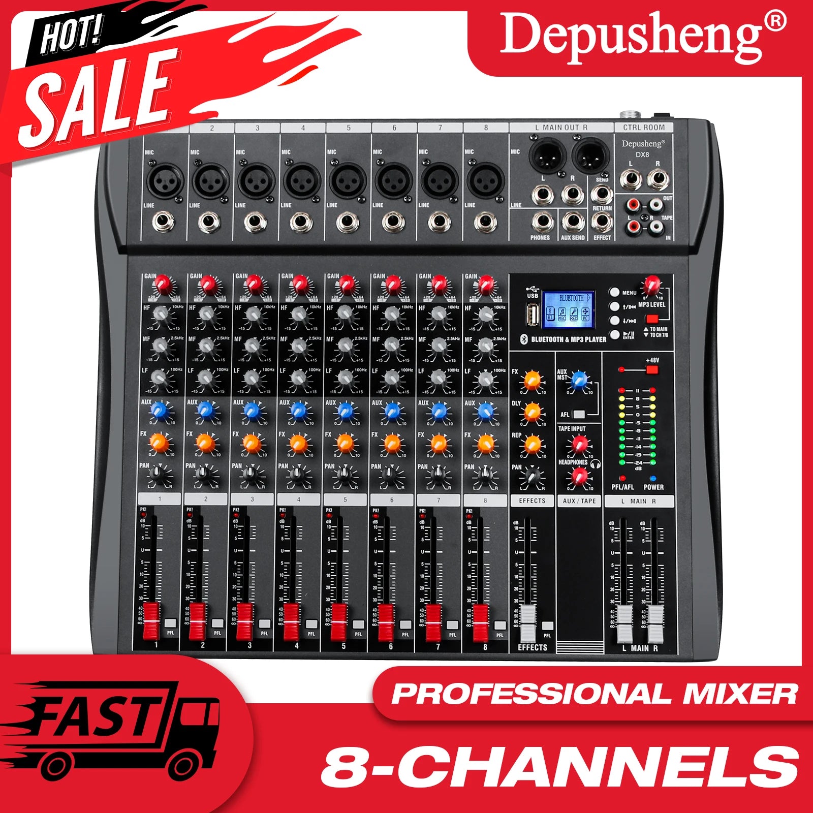 Professional 8-Channel Mixing Console DSP Effect USB Bluetooth Reverb Stage Performance Wedding Home Karaoke