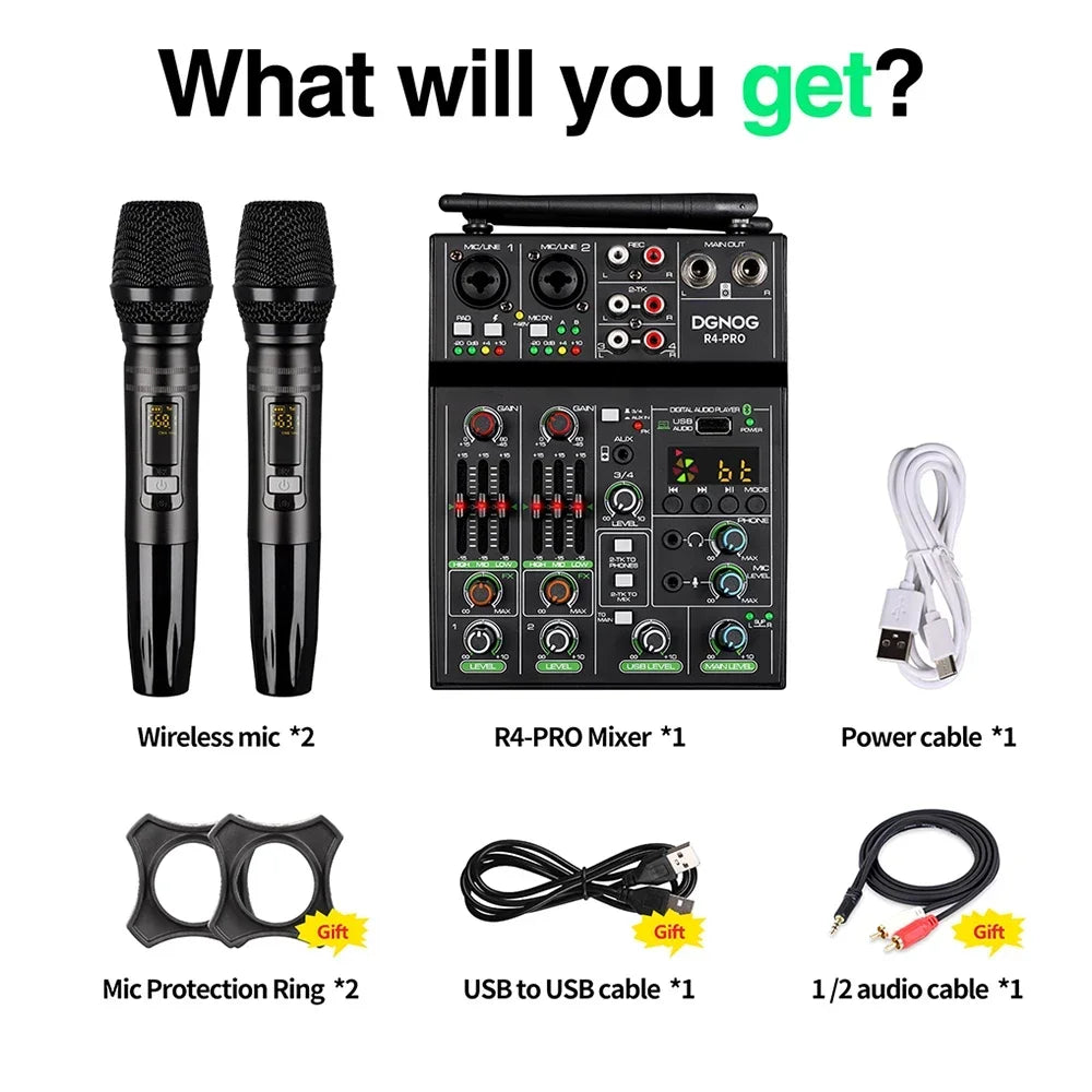 DGNOG 4 Channel Audio Mixer USB Mixer Bluetooth Console with Wireless Microphone DJ Mixer for Party Karaoke Machine Sound Bar