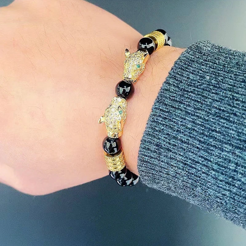 Luxury Black Stone Beads Man Bracelet Leopard Head Charms Women Bracelets Couple Jewelry Valentine's Day