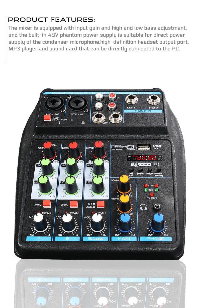 4 Channel Mixer DJ Mixing Console with Bluetooth 48V Phantom Power Monitor Karaoke System USB Mixer Audio