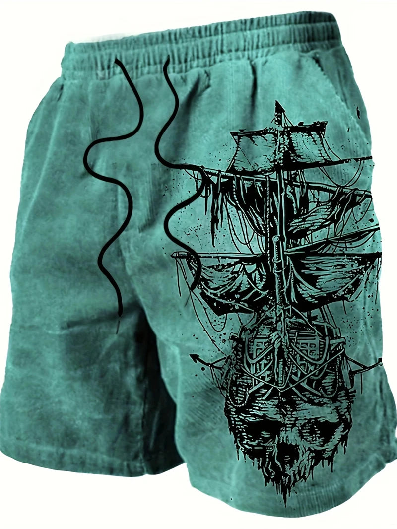 Retro Pirate Ship Graphic Beach Shorts For Men Summer Vintage 3D Printed Short Pants Fashion Streetwear Oversized Board Shorts