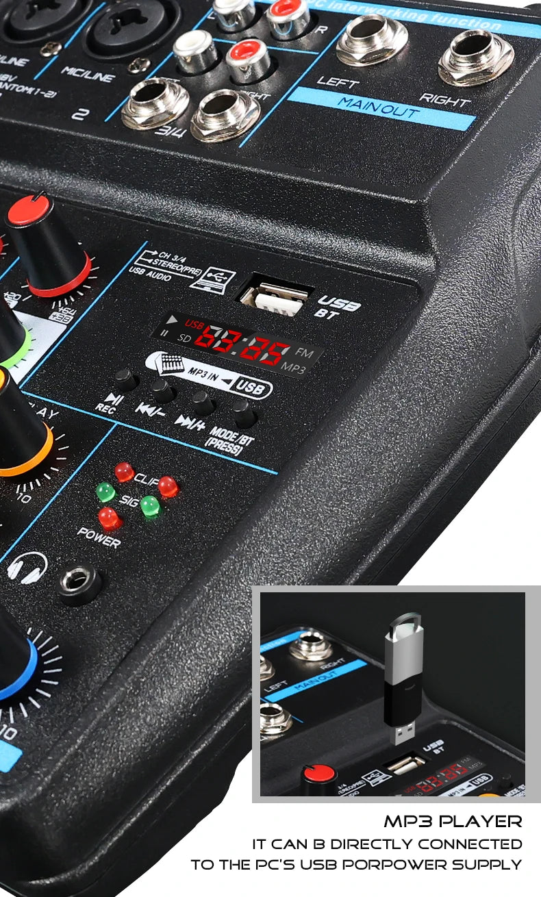 4 Channel Mixer DJ Mixing Console with Bluetooth 48V Phantom Power Monitor Karaoke System USB Mixer Audio