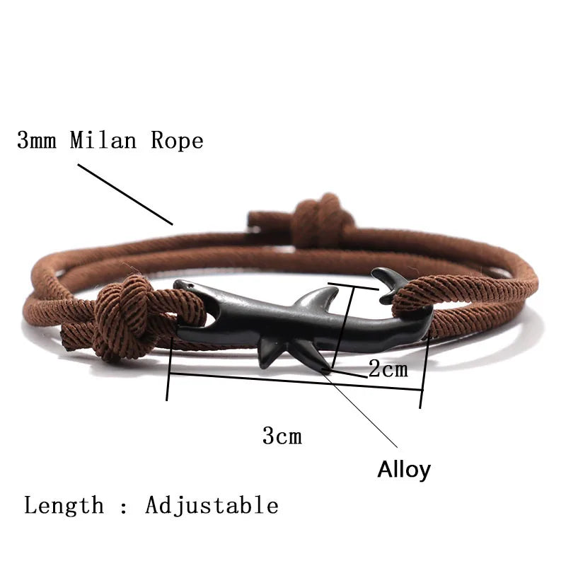 New Nautical Bracelet Men Black Shark Braslet Sliding Adjustable 3mm Milan Cord Chain Summer Beach Surfer Jewelry Accessories