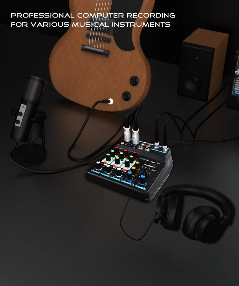 4 Channel Mixer DJ Mixing Console with Bluetooth 48V Phantom Power Monitor Karaoke System USB Mixer Audio