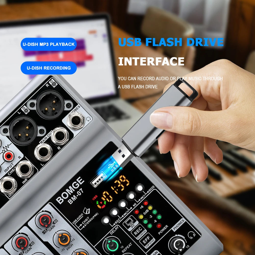 Professional 7 channels Audio mixer portableDJ karaoke Mixing Console With USB Interface Sound Card BT 48V PC MP3 DJ Recording