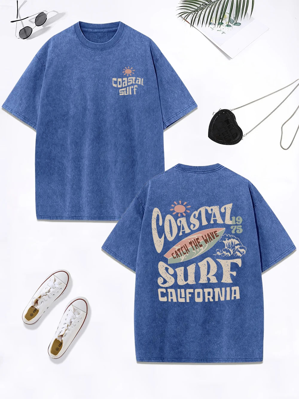 Coastal Surf Catch The Wave California Prints Washed T-Shirt Women Cotton Oversize Tops Distressed O-Neck T Shirt Summer Clothes