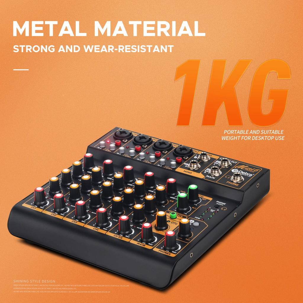 Debra Mini6 Audio Mixer DJ Console Bluetooth 5.0 OTG Reverb 48V Sound Card For Live Broadcast PC Recording