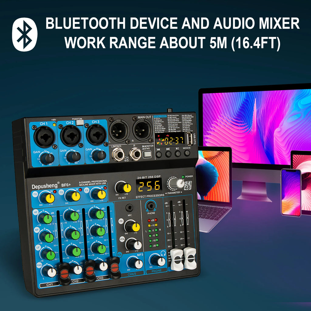 5 Channel USB Mixer Depusheng  DJ Sound Controller Mini Mixer Professional Audio Portable Sound Mixing Console with 256 DSP