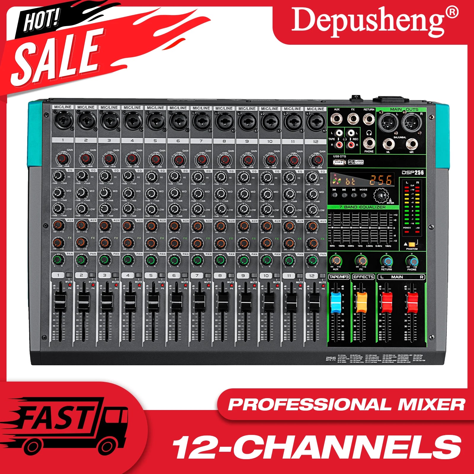 Professional 12 Channel 99 DSP Audio Mixer DJ Controller Reverb Recording Mixing With Bluetooth For Recording Stage Performance