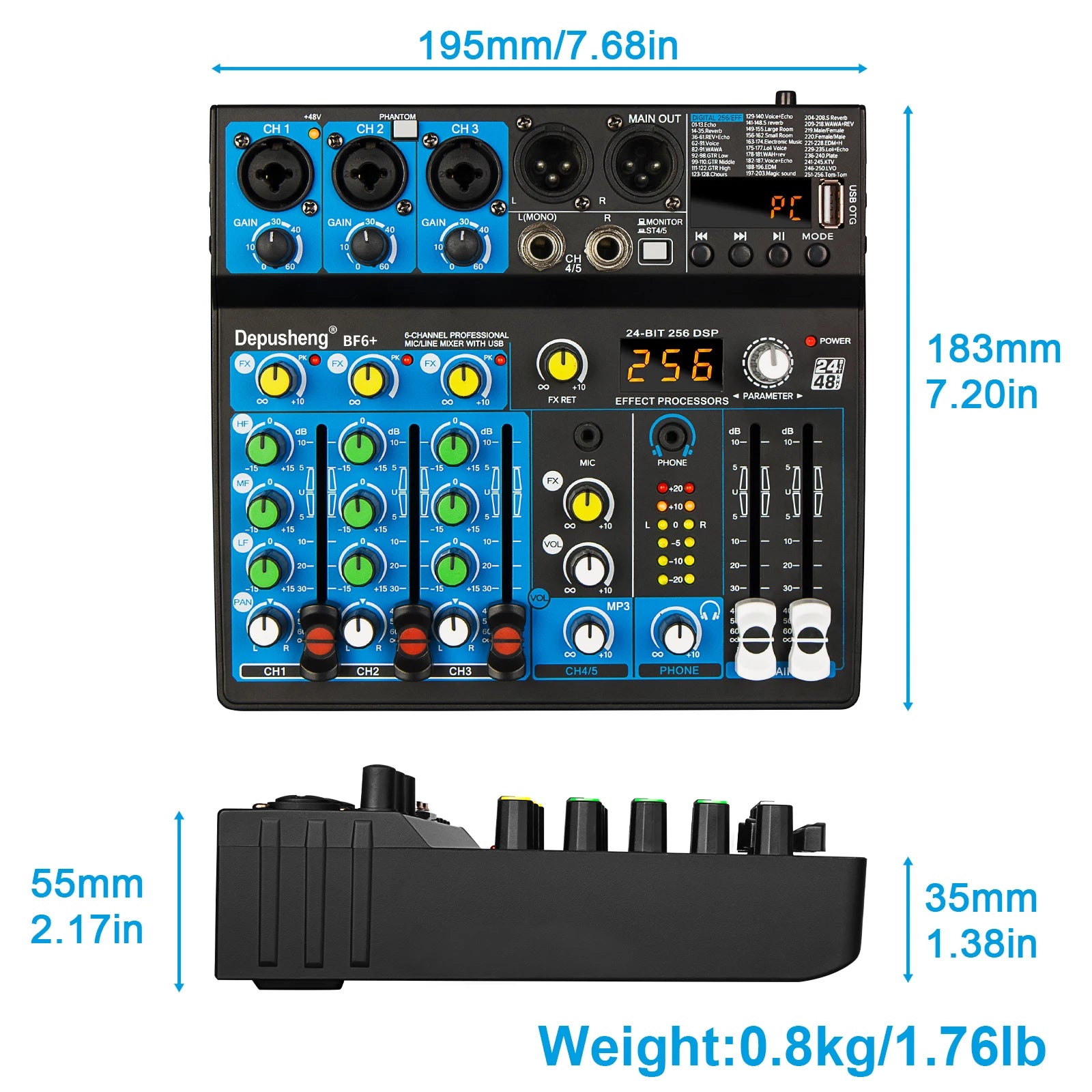 5 Channel USB Mixer Depusheng  DJ Sound Controller Mini Mixer Professional Audio Portable Sound Mixing Console with 256 DSP