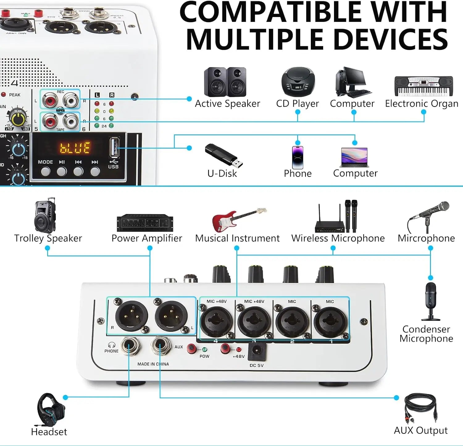 Audio Mixer 6 Channel DJ Mixer Sound Board Console with USB MP3 Bluetooth Input 48V For Live Performance Home Stage Karaoke