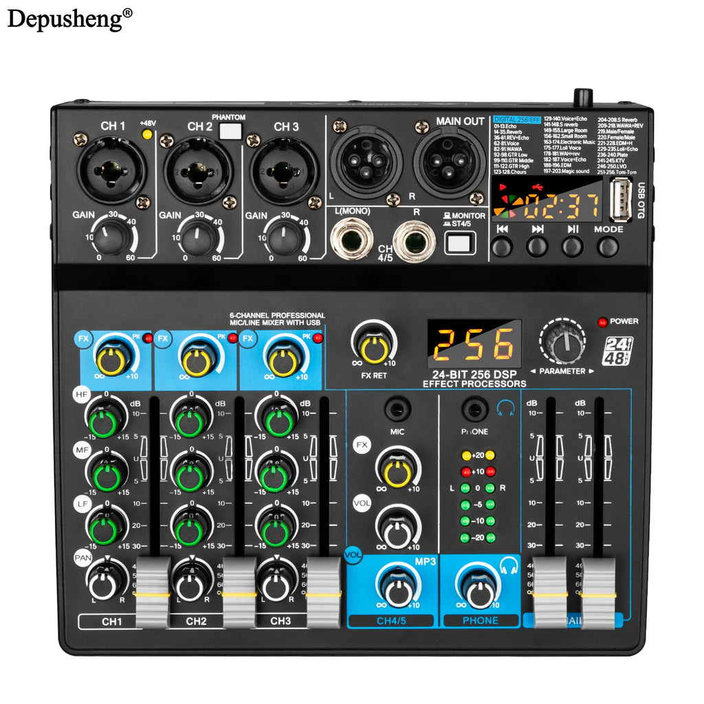 USB Mixer 5 Channel Depusheng DJ Sound Controller Mini Mixer Professional Audio Portable Sound Mixing Console with 256 DSP