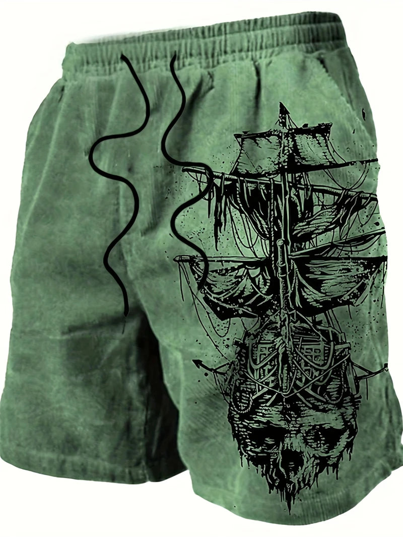 Retro Pirate Ship Graphic Beach Shorts For Men Summer Vintage 3D Printed Short Pants Fashion Streetwear Oversized Board Shorts