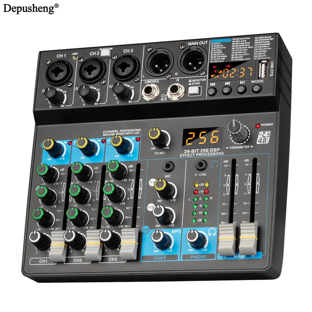 USB Mixer 5 Channel Depusheng DJ Sound Controller Mini Mixer Professional Audio Portable Sound Mixing Console with 256 DSP