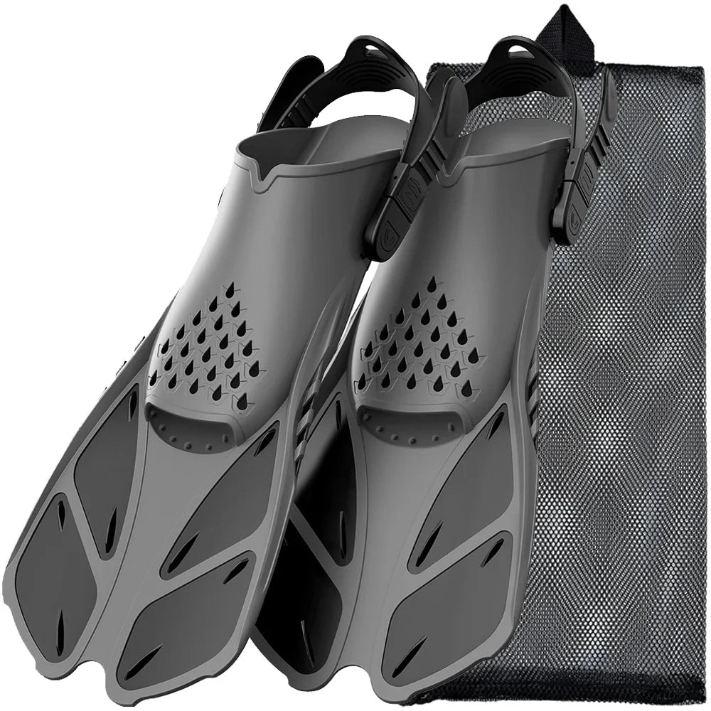 Snorkel Fins Swimming Flippers Adjustable Buckles Short Silicone Scuba Diving Shoes Open Heel Travel Size Adult Men Womens