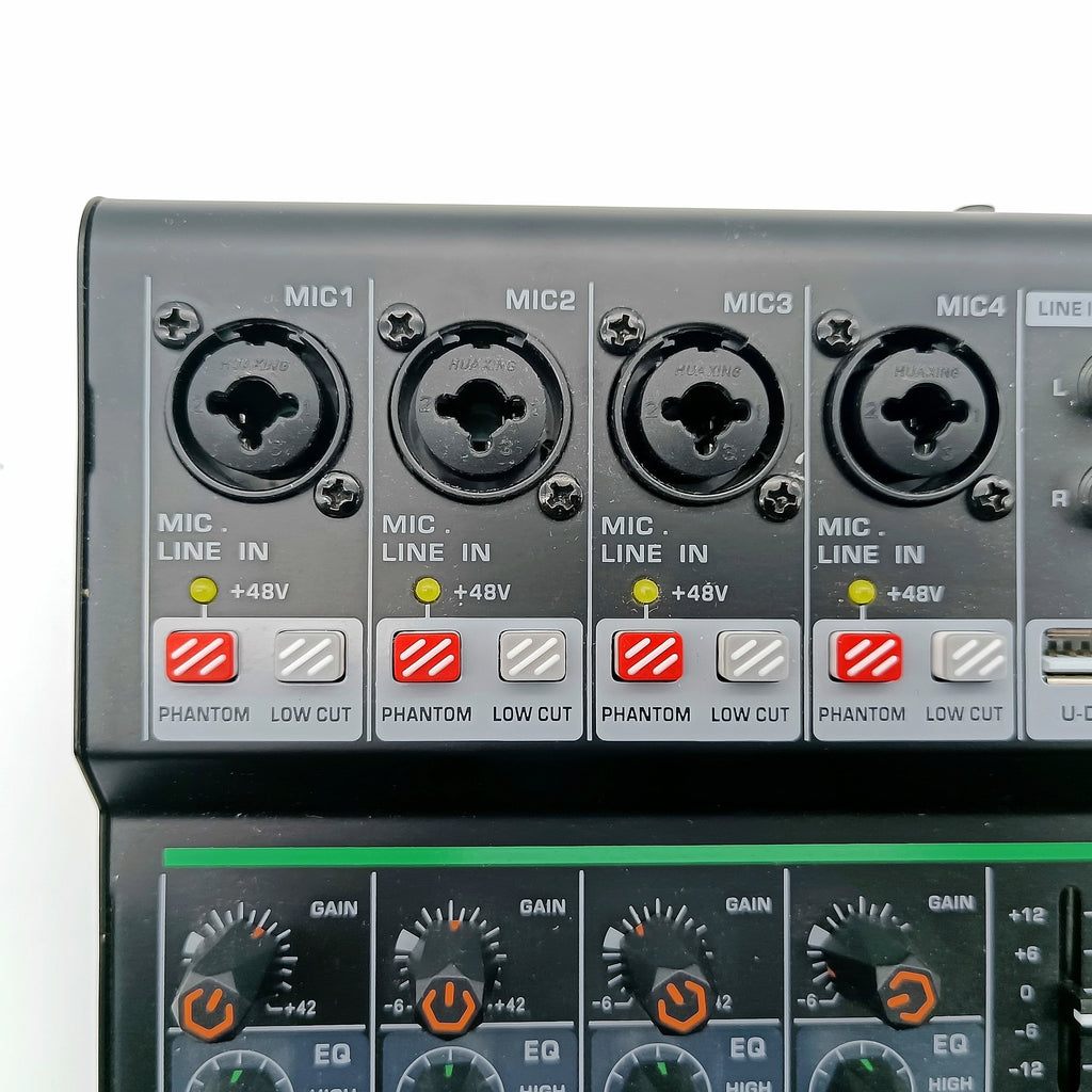 6 Channel Audio DJ Mixer Individual 48V Output 7 Band EQ 99 Effect USB Bluetooth Play Sound Mixing Console