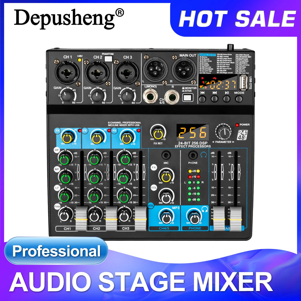 USB Mixer 5 Channel Depusheng DJ Sound Controller Mini Mixer Professional Audio Portable Sound Mixing Console with 256 DSP