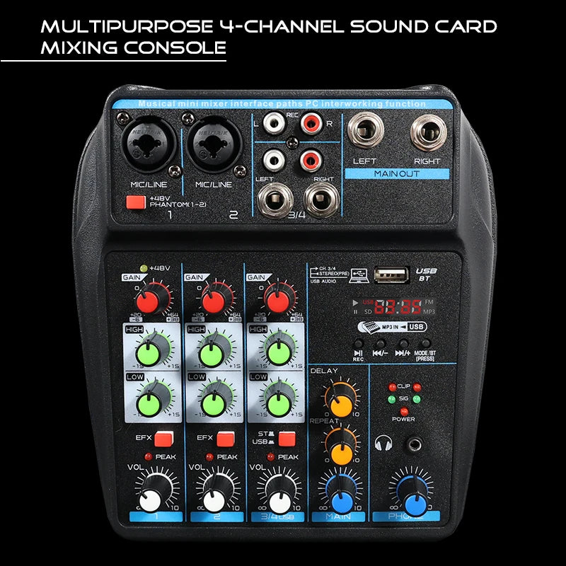 4 Channel Mixer DJ Mixing Console with Bluetooth 48V Phantom Power Monitor Karaoke System USB Mixer Audio