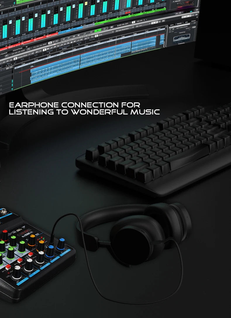 4 Channel Mixer DJ Mixing Console with Bluetooth 48V Phantom Power Monitor Karaoke System USB Mixer Audio