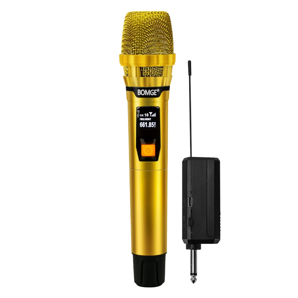 Professional 2 Channel DJ Karaoke Wireless Microphone System With Bright golden mic Wireless Rechargable Receiver for Party DJ