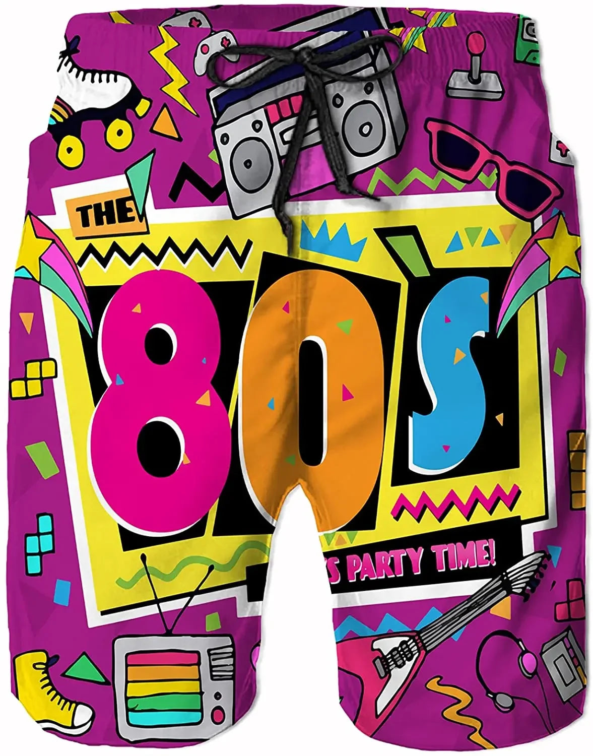 Funny Retro 80s 90s Icons Mens Swim Trunks Quick Dry Beach Board Shorts Summer Surf Boardshorts with Side Pockets High Quality