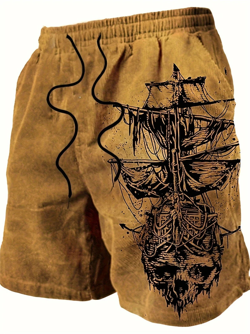 Retro Pirate Ship Graphic Beach Shorts For Men Summer Vintage 3D Printed Short Pants Fashion Streetwear Oversized Board Shorts