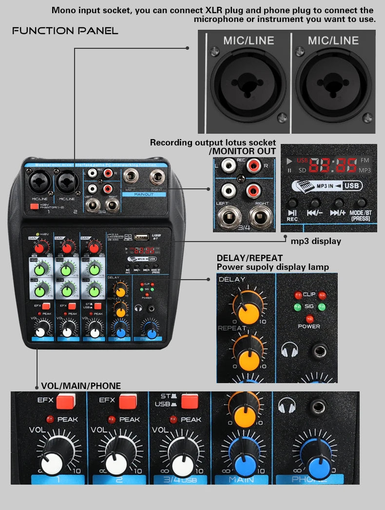 4 Channel Mixer DJ Mixing Console with Bluetooth 48V Phantom Power Monitor Karaoke System USB Mixer Audio