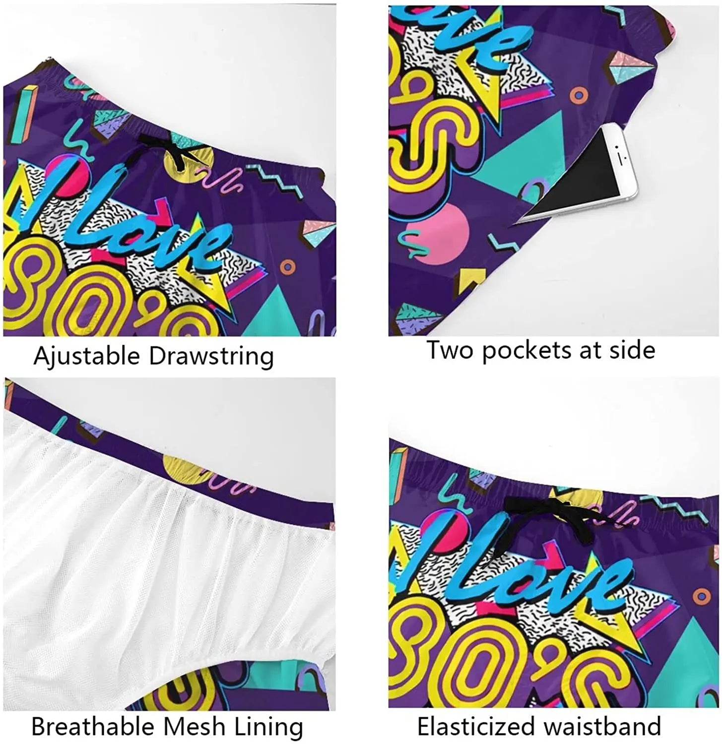 Funny Retro 80s 90s Icons Mens Swim Trunks Quick Dry Beach Board Shorts Summer Surf Boardshorts with Side Pockets High Quality