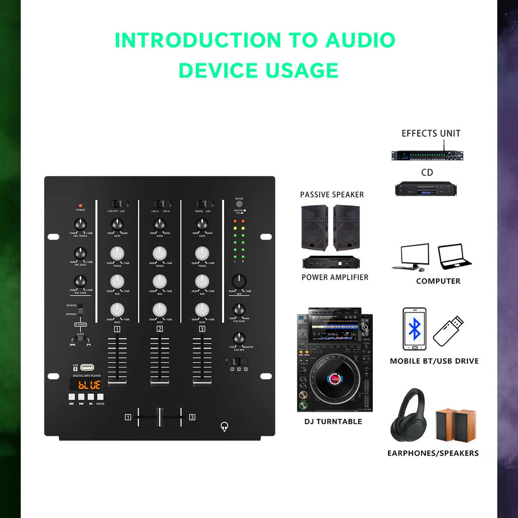 DM4 Professional 3-Channel DJ Mixer Console Metal Home Amplifier for Bar Party Concert Music Control Home Use