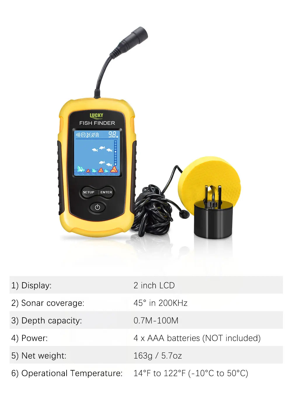 Portable Sonar Fish Detector FFC1108-1 - 100M Alarm 45° Coverage for Lake and Sea