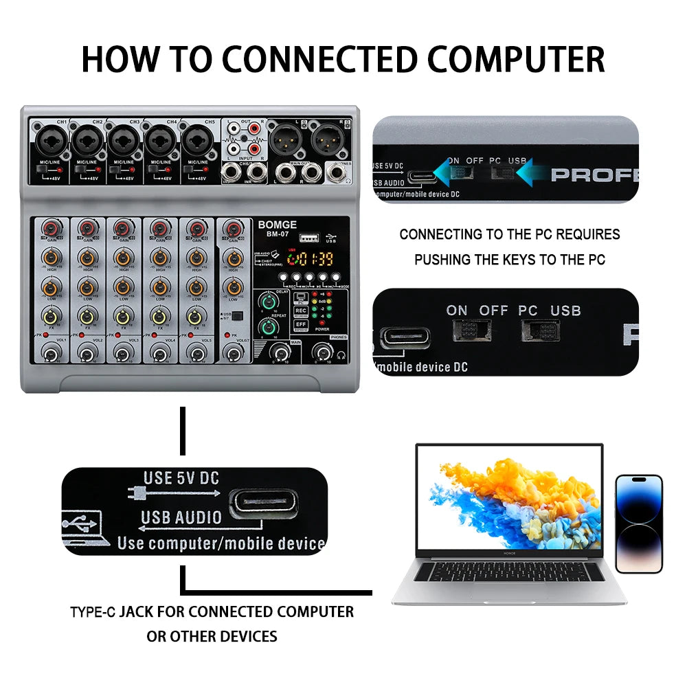 Professional 7 channels Audio mixer portableDJ karaoke Mixing Console With USB Interface Sound Card BT 48V PC MP3 DJ Recording