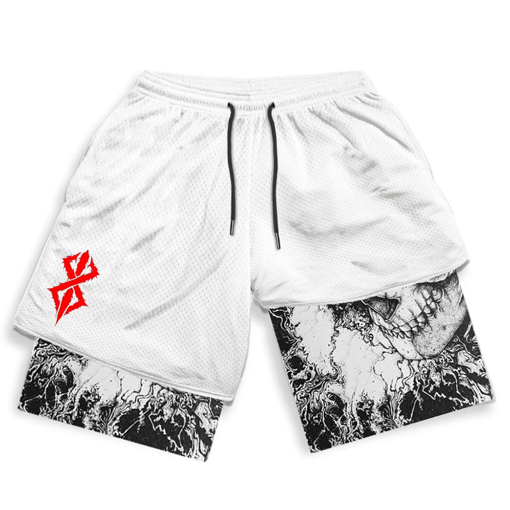 Berserk Print 2 in 1 Running Shorts for Men Gym Workout Fitness Athletic Shorts with Pockets Summer Activewear Quick Dry Stretch