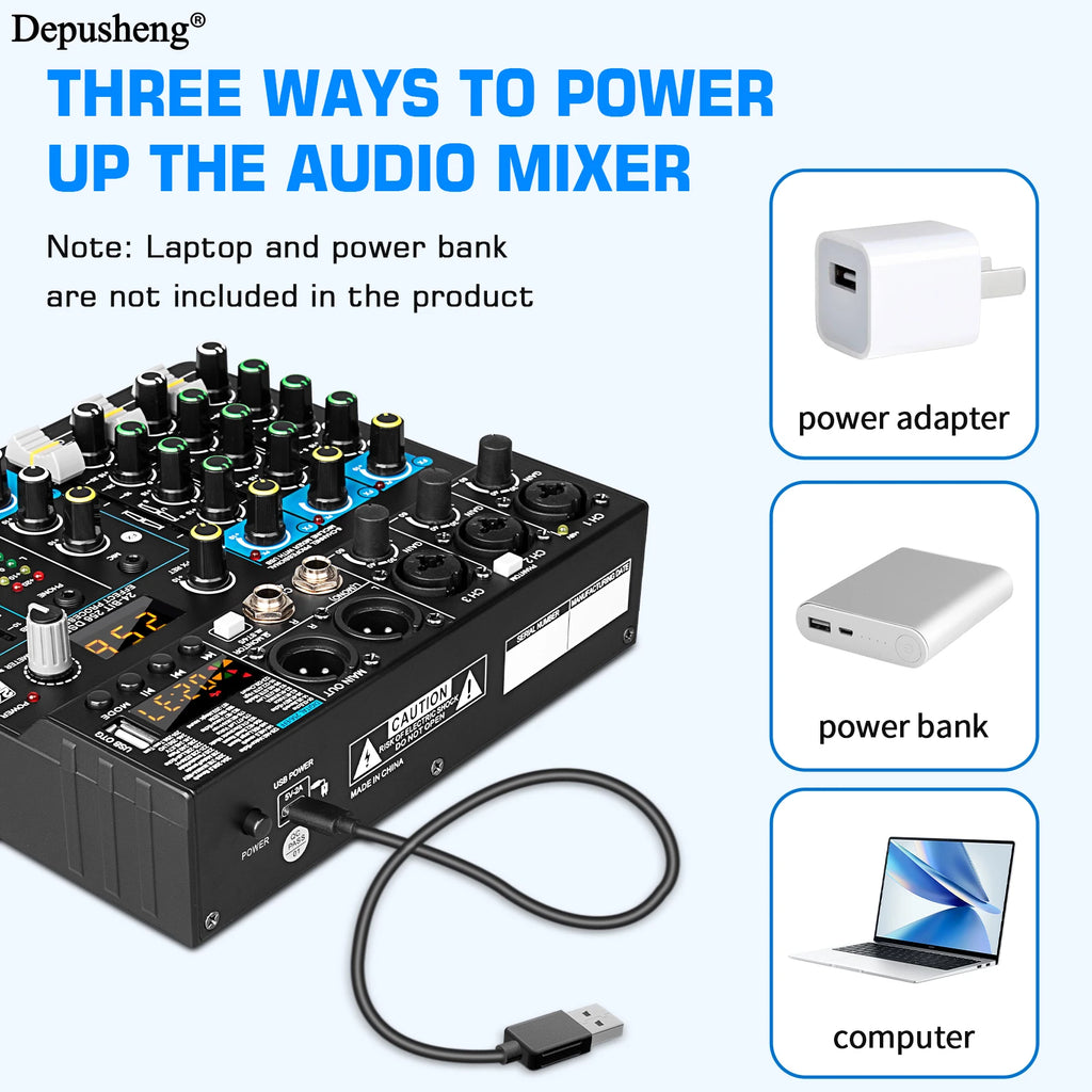 USB Mixer 5 Channel Depusheng DJ Sound Controller Mini Mixer Professional Audio Portable Sound Mixing Console with 256 DSP