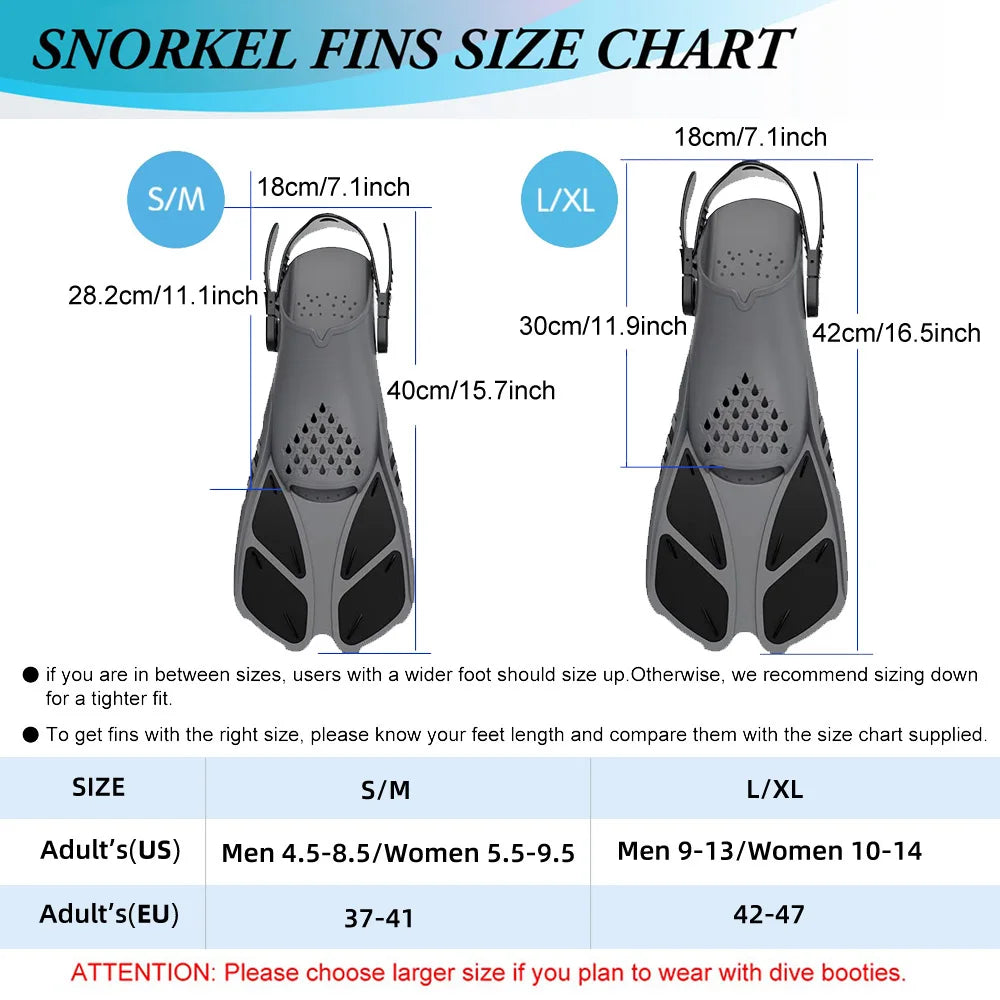 Snorkel Fins Swimming Flippers Adjustable Buckles Short Silicone Scuba Diving Shoes Open Heel Travel Size Adult Men Womens
