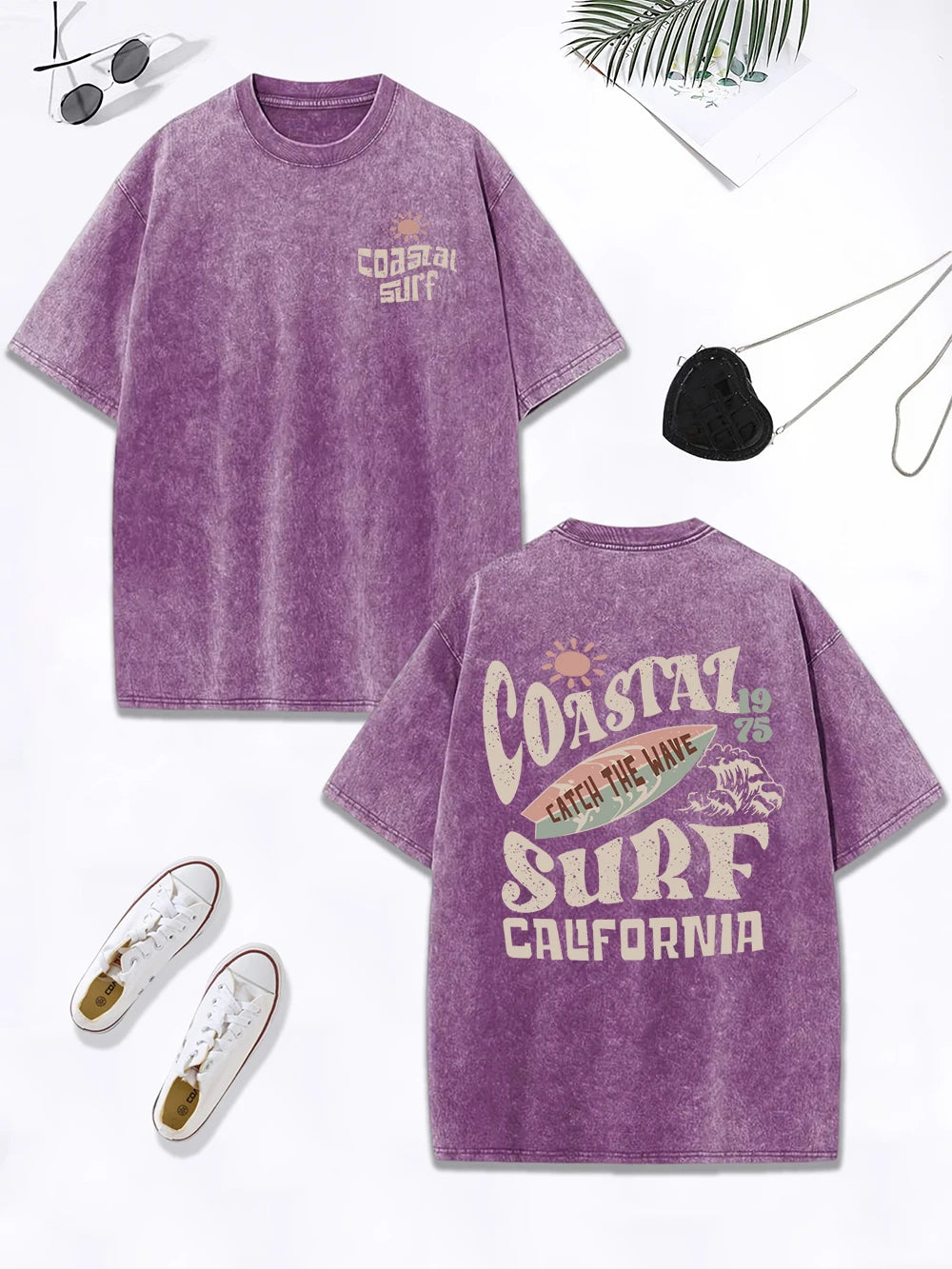 Coastal Surf Catch The Wave California Prints Washed T-Shirt Women Cotton Oversize Tops Distressed O-Neck T Shirt Summer Clothes