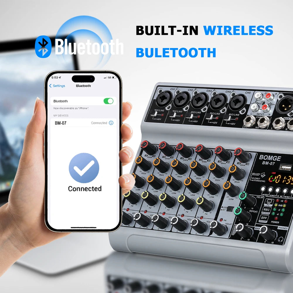 Professional 7 channels Audio mixer portableDJ karaoke Mixing Console With USB Interface Sound Card BT 48V PC MP3 DJ Recording