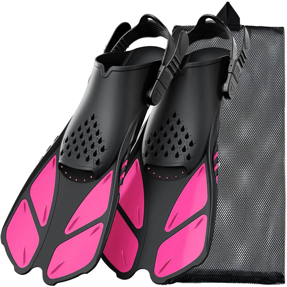 Snorkel Fins Swimming Flippers Adjustable Buckles Short Silicone Scuba Diving Shoes Open Heel Travel Size Adult Men Womens