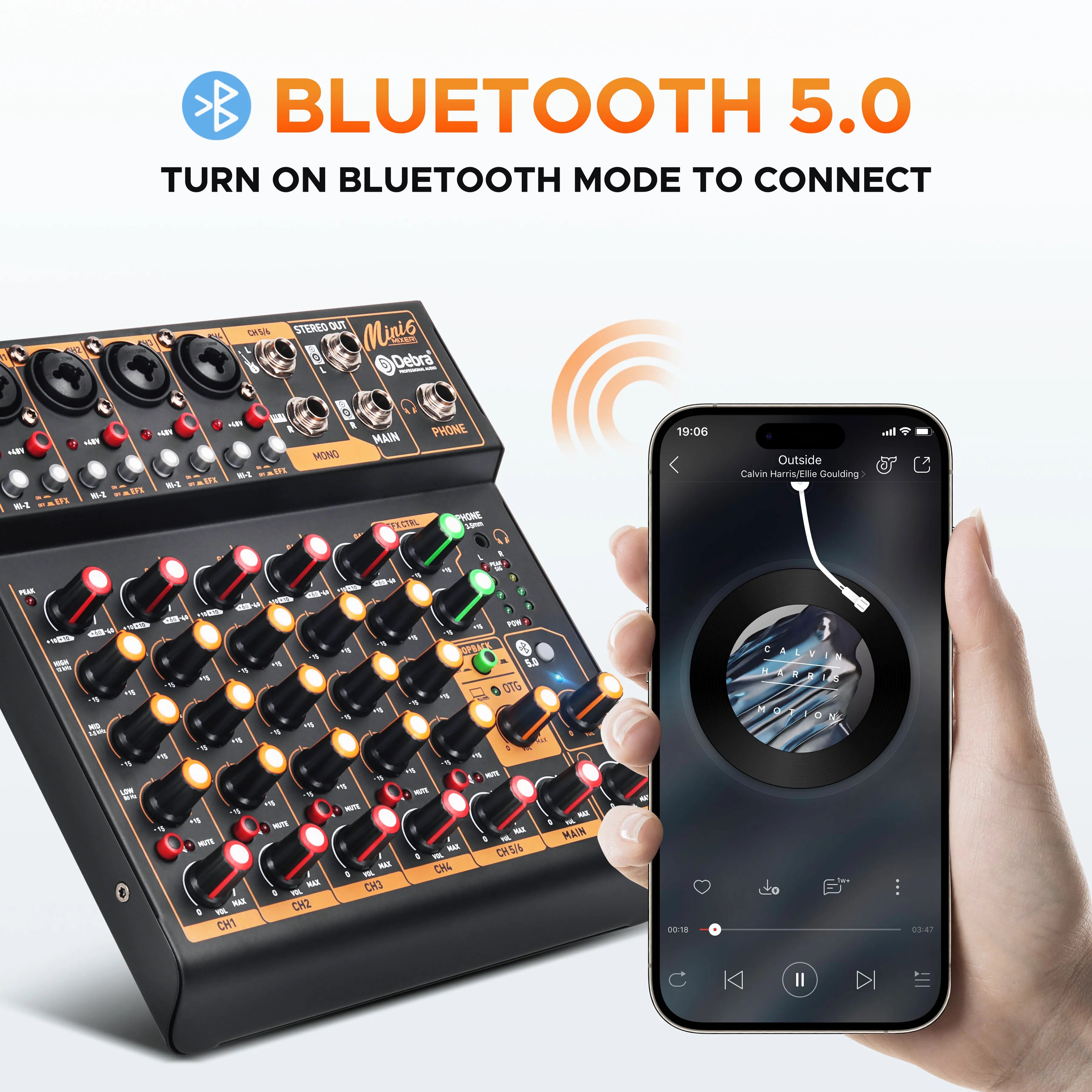 Debra Mini6 Audio Mixer DJ Console Bluetooth 5.0 OTG Reverb 48V Sound Card For Live Broadcast PC Recording