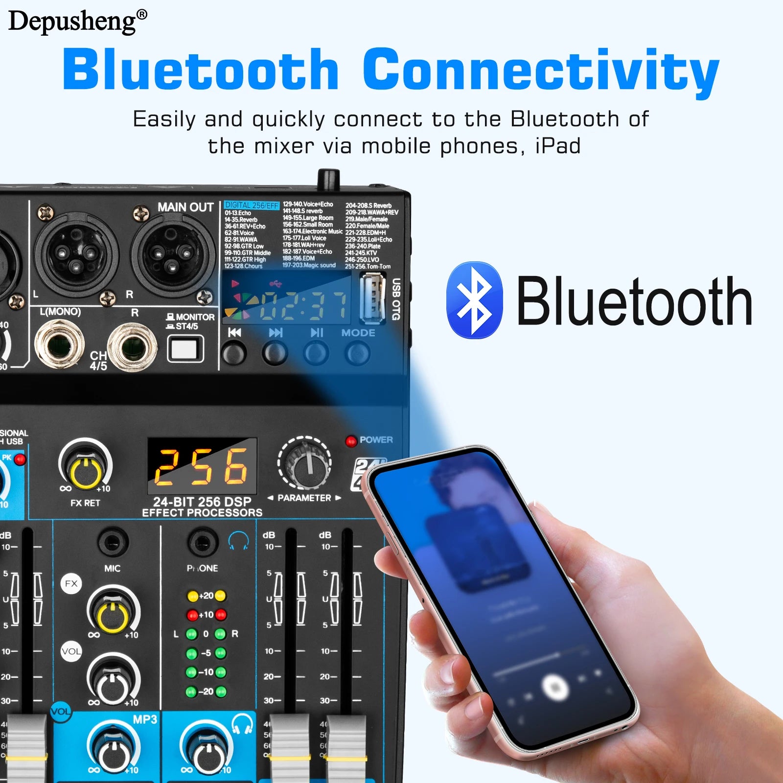 USB Mixer 5 Channel Depusheng DJ Sound Controller Mini Mixer Professional Audio Portable Sound Mixing Console with 256 DSP